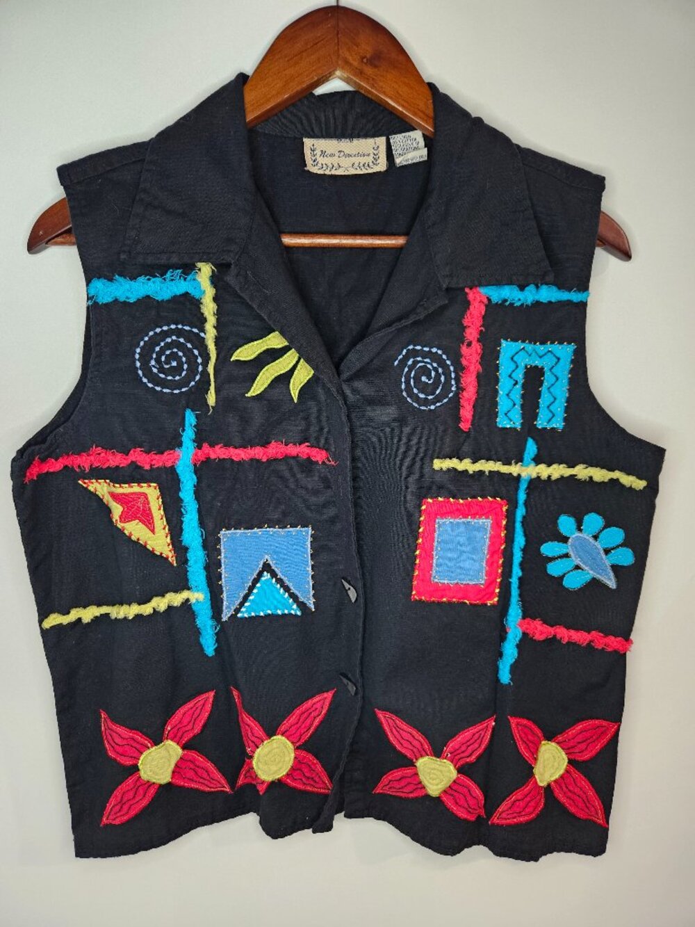 New Directions Women’s XL Vintage 90s Black Appliqué Embroidered Vest